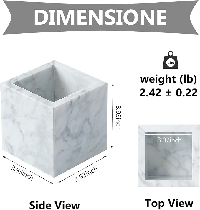 Real Luxurious Natural Marble Toothbrush Holder & Makeup Brush Organizer & Pen Holder for Desk,3.93inch Square Marble Utensil Holder Non-Ceramic/Non-Resin （White）