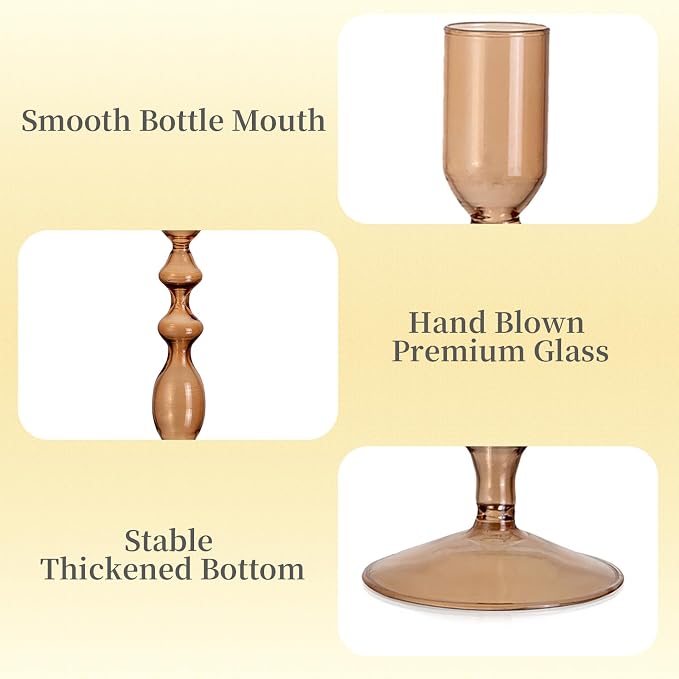 Hewory Glass Candle Holder Set: 4PCS Amber Glass Candlestick Holders Vintage Taper Candle Holders for Candlesticks, Unique Candle Sticks Holder Decor for Table Dinner Festival Events Decorations