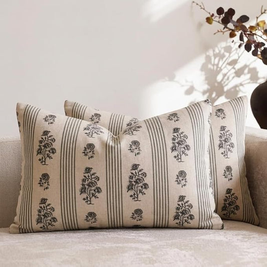 Amor Virisso Floral Throw Pillow Covers 12 x 20 Set of 2 Block Print Pillow Covers Neutral Floral Striped Farmhouse Decorative Pillow Covers for Sofa Couch Bed, Dusty Green