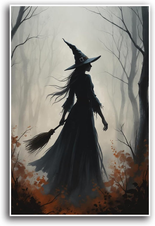 JFHCQJPK Vintage forest witch silhouette poster Halloween mural poster decoration mural art magic suitable for home living room bedroom32x48in Frameless