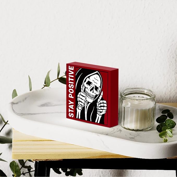Gothic Skull Decor - Stay Positive Skulls Sign for Home Office Desk Accessories - 5 x 5 Inches (Red)