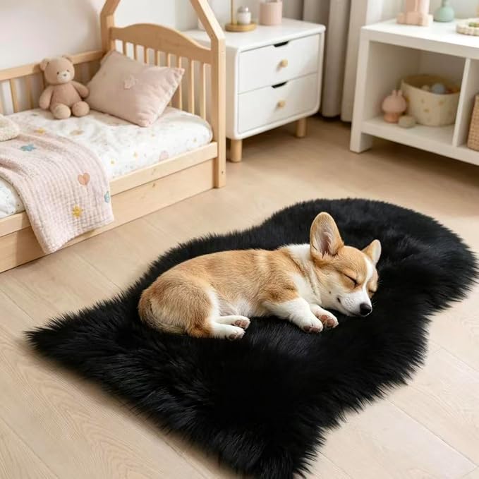 Faux Fur Rug 2 x 3 ft Sheepskin Shaggy Fuzzy Black Area Rug Super Soft Fluffy Plush Carpet for Bedroom Living Room Sofa Floor Kids Room Bedside