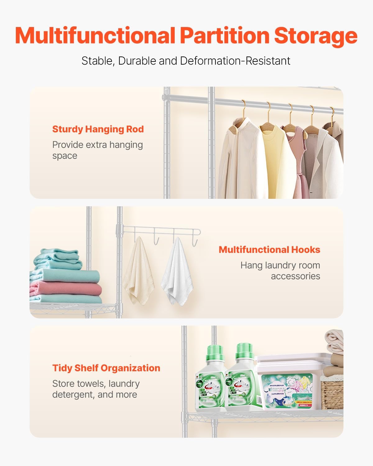 VEVOR Over The Washer and Dryer Storage Shelf, 4 Tier Laundry Room Drying Rack with Hanger Rod and Hooks, Adjustable Over Washer and Dryer Shelves, Laundry Room Shelf Storage Space Saver, White