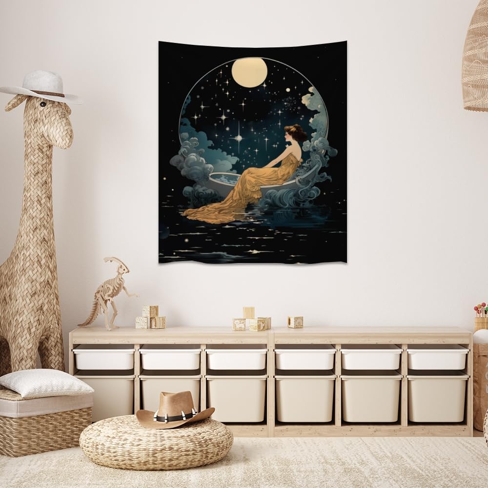 Dark Academia Tapestry Celestial Moonlit Bathing Lady Print Trendy Aesthetic Gothic Wall Hanging Vintage Art Nouveau Tapestries Wall Decor for Bedroom Living Room Dorm 60x80inch