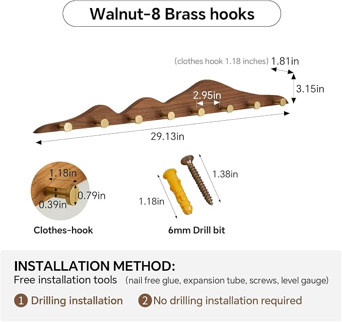 Elegant Wall Coat Rack with Hooks Walnut Wood Solid Coat Hanger Wall Mount with 8 Brass Hooks, Moisture-Resistant Wax Oil Finish for Home (Walnut, 8 Hooks)