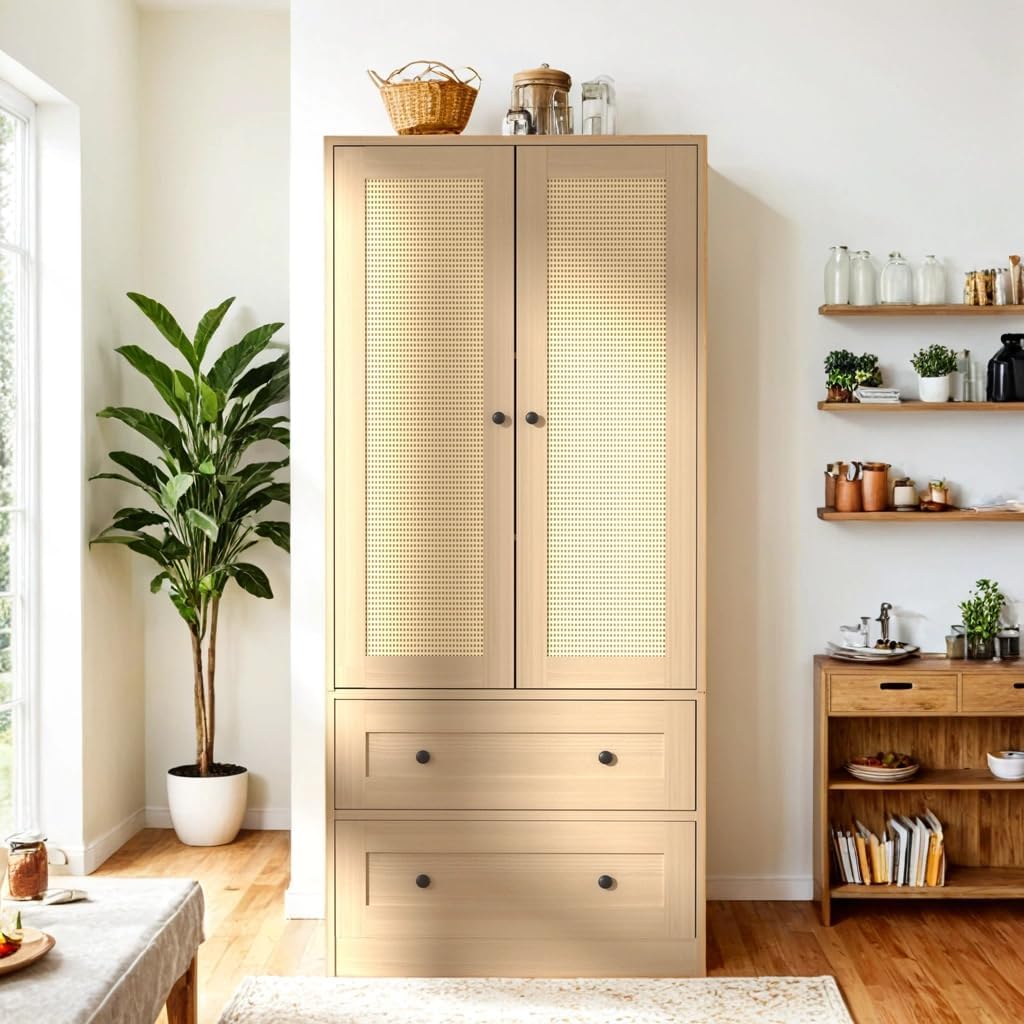 Rattan Oak Kitchen Pantry, 64.2" Tall Storage Cabinet with Doors and Drawers, Freestanding Wooden Storage Organizer for Kitchen, Dining Room
