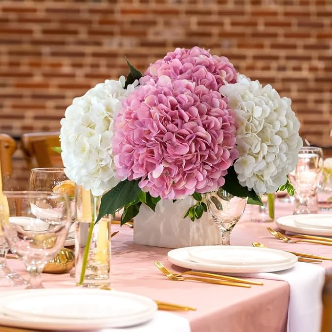 JINWOE 4pcs Pink Silk Hydrangea Fake Flowers,22" Artificial Flowers Bouquets Silk Faux Hydrangea Stems for Home Wedding Party Table Core Decoration (Pinkish Purple)