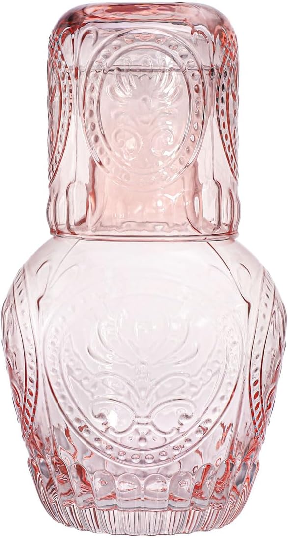 Retro Relief Glass Bedside Night Water Carafe with Tumbler Glass, Pitcher And Cup Night Set-Pink