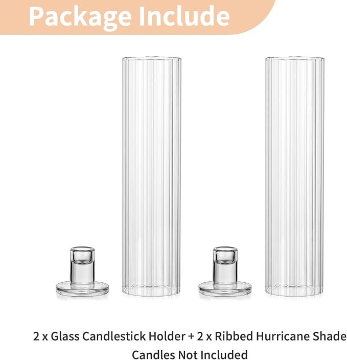 NUPTIO Candle Stick Holder for Centerpiece: Ribbed Hurricane Glass Taper Candle Holders - Set of 2 Fluted Candlestick Holder with Tall Cylinder Cover for Fall Thanksgiving Christmas Dining Table Decor