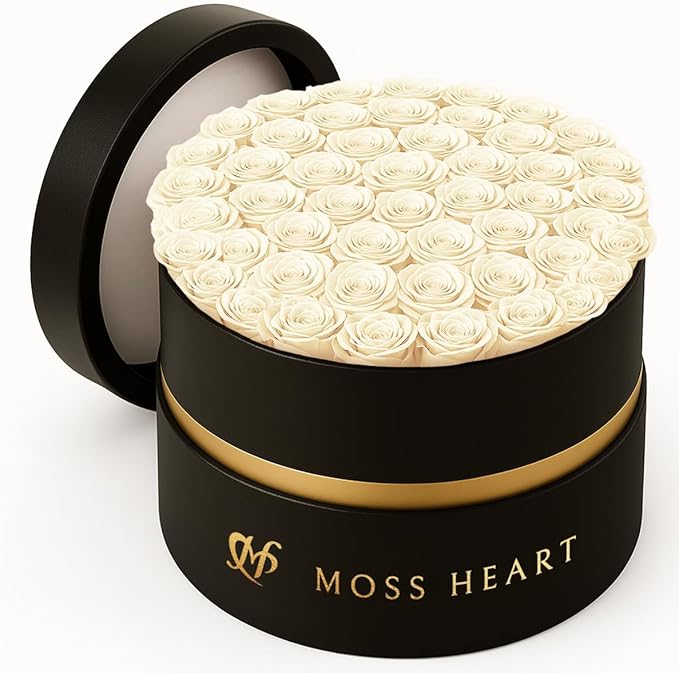 50 Petite Preserved Roses, Designer Round Box, Real Forever Roses Last 1+ Year, Premium Gift for Women, Wife, Girlfriend, Mother’s Day, Birthday, Anniversary, Valentine’s Day
