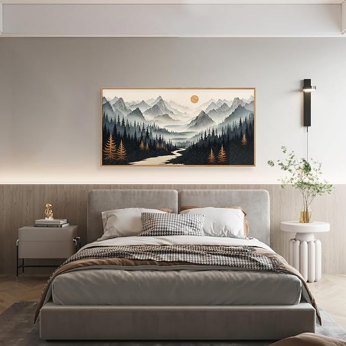 Watercolor Misty Forest Framed Canvas Wall Art Set, Foggy Mountain Wall Decor, Misty Pine Tree Wall Painting, Large Nature Landscape Art Prints for Living Room, Bedroom, Office - 20"X40"