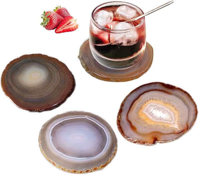 Natural Agate Coasters Set of 4, Brown Geode Stone Slices 4-5" for Coffee Mugs & Whiskey Glasses, Crystal Stone Table Decor with Rubber Bumpers