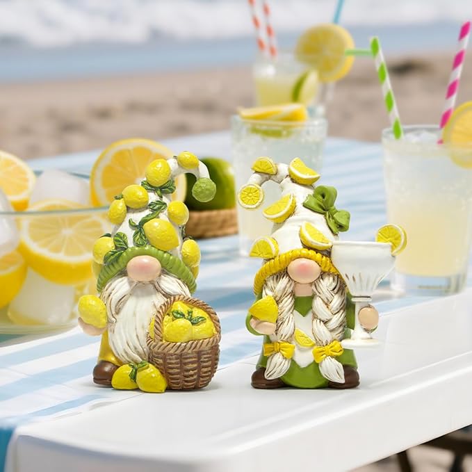 Hodao Lemon Gnome Set – with Lemon-Covered Hats, Basket & Goblet, 2PCS Hand-Painted, Cute Summer Kitchen & Shelf Decor, Indoor Home/Party Accents, Adorable Gift