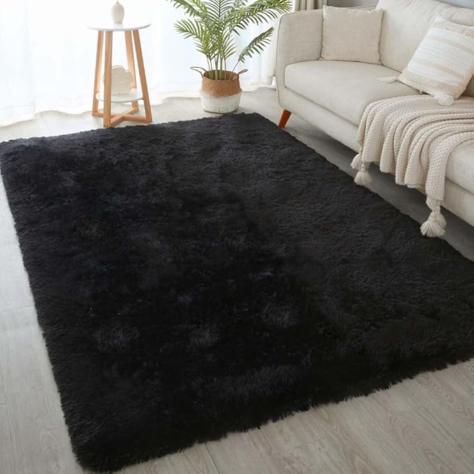 KICHOWUA 5x8 Black Fluffy Shag Rug for Bedroom, Ultra Soft Plush Fuzzy Washable Non Slip Floor Cozy Carpet, Modern Comfy Furry Shaggy Area Rug for Living Room, Kids Baby Boys Girls Nursery Dorm