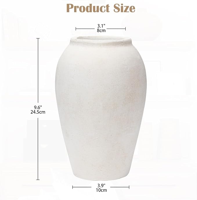 Handcrafted Terracotta Flower Vase, 9.6" Tall, Vintage White Ceramic, Rustic Antique Decor, Wide Mouth, Matte Finish for Home Office Resto Cafe