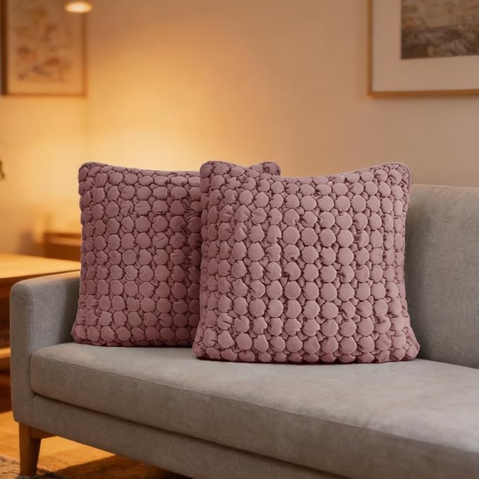 Throw Pillow Covers 18x18 Set of 2 Velvet Square Pillowcase Soft Skin-Friendly Thickened Decorative Farmhouse Cushion Covers Soft Bubble Texture for Couch Sofa Bedroom Living Room,Pink