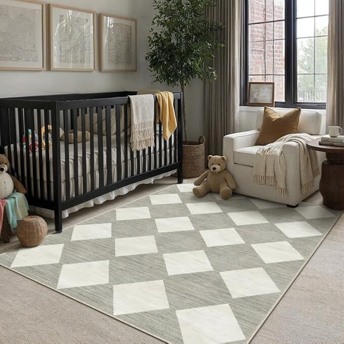 PureCozy Machine Washable Grey 4x6 Area Rugs for Living Room Modern Soft Small Checkered Rug Non-Slip Low Pile Accent Indoor Office Carpet for Bedroom Dining Room Nursery Classroom