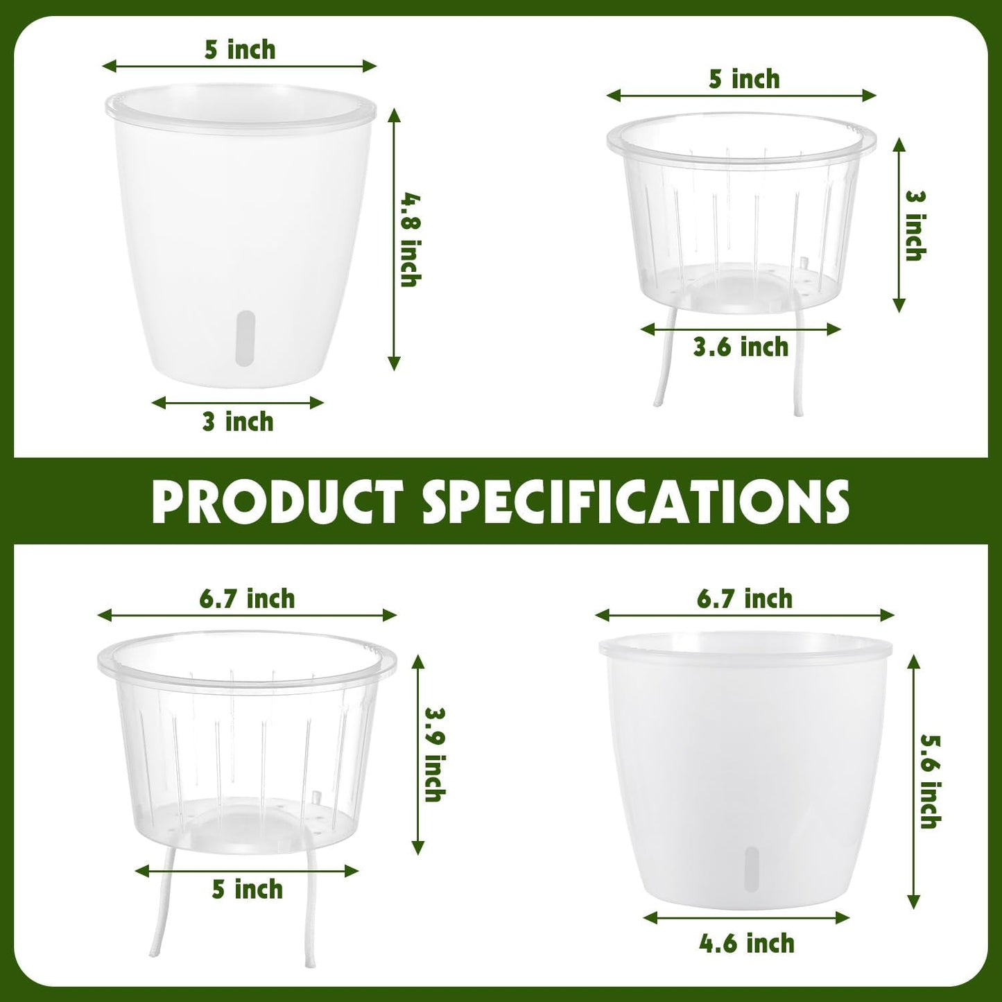 Self Watering Pots for Indoor Plants, 6-Pack 5'' Self Watering Planter with Drainage Holes, Small African Violet Pots with Water Indicator, Clear Wick Orchid Pot, White