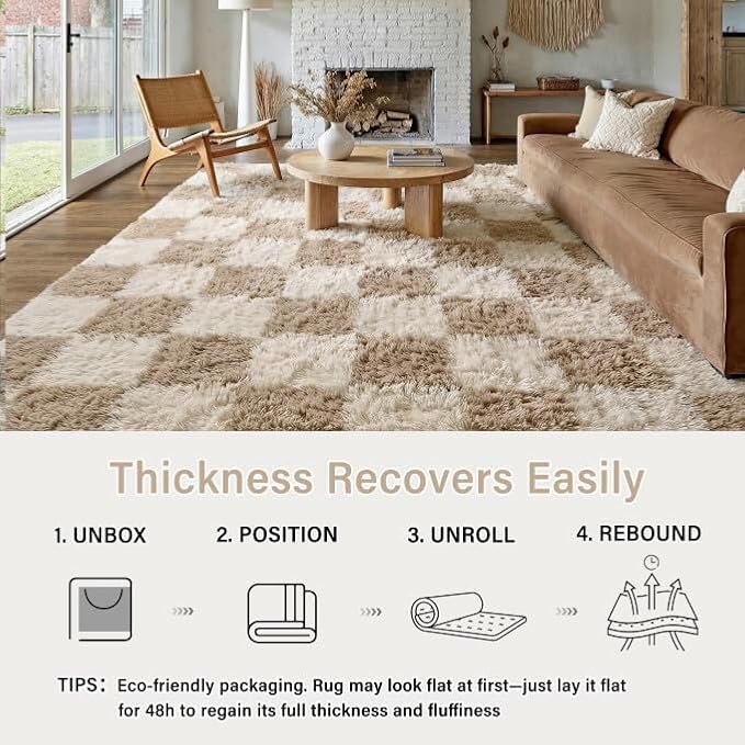 PureCozy Beige 5x7 Area Rugs for Living Room Soft Shag Checkered Large Rug Modern Washable Indoor Office Fuzzy Carpet Non-Slip Fluffy Rugs for Bedroom Nursery Dorm Playroom Home Aesthetic Decor
