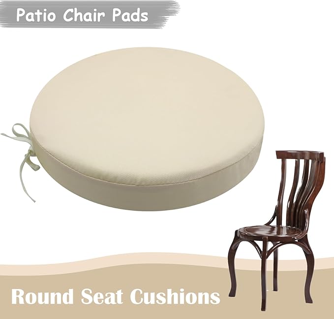 SK Studio Round Outdoor Chair Cushions for Patio Furniture, Set of 4 Waterproof Patio Chair Cushion with Adjustable Ties for Garden Sofa Couch, Beige, 17"x17"x3"