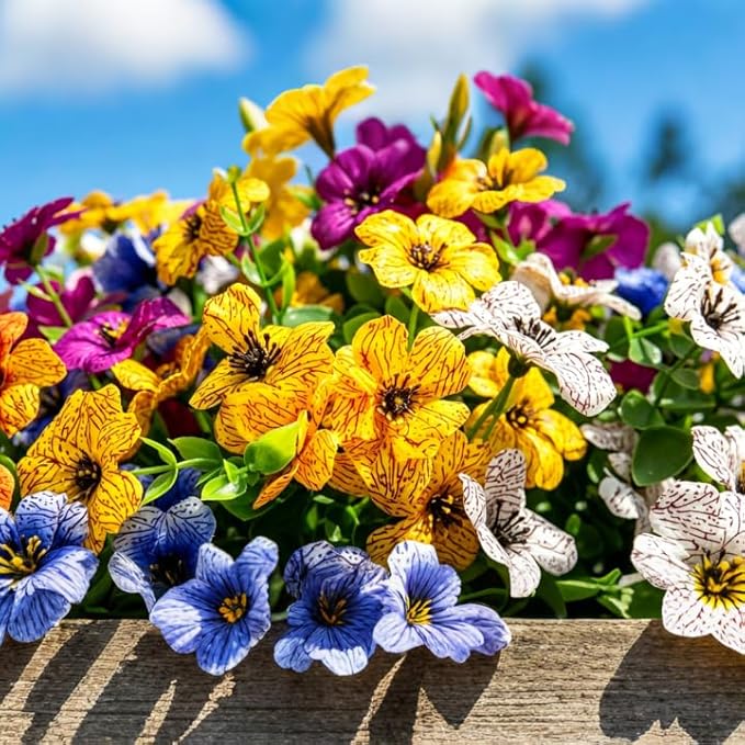 Artificial Fake Flowers for Outdoor UV Resistant,16 Bundles Silk Outside Plants Decoration for Hanging Planters, Daisy Eucalyptus Faux Flower Spring Summer Garden Yard Patio Balcony Home