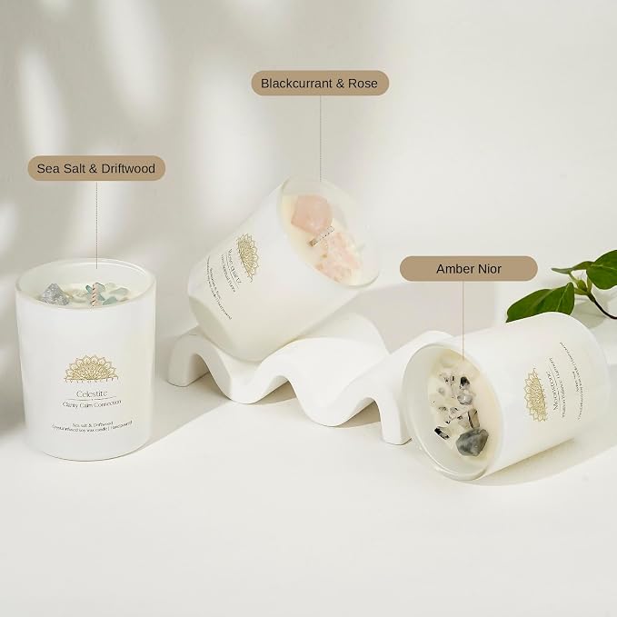 AvaConcept Healing Crystal Candle Gift Set – Set of 3 Celestite, Rose Quartz & Moonstone Hand-Poured Soy Wax Sea Salt Driftwood, Blackcurrant Rose & Amber Noir Aromatherapy Scents Premium Gift Box