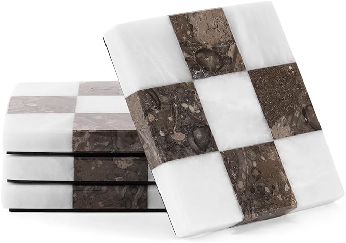 Marble Coasters Set of 4, White & Oceanic Handmade 4 inch Stone Coaster, Square Drink Checkered Coasters for Coffee Table, Stylish Bar Accessories & Modern Home Décor