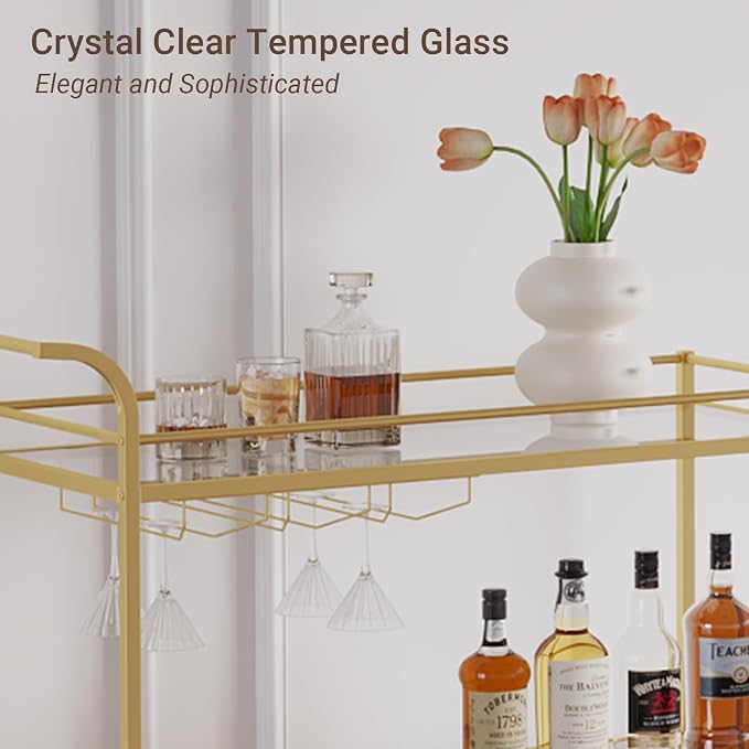 Gold Bar Cart, Home Bar Serving Cart with Handle, Wine Cart with 3-Tier Glass Shelves, Beverage Cart with Wine Rack and Glass Holder, Bar Carts for The Home, Dining Room, Living Room