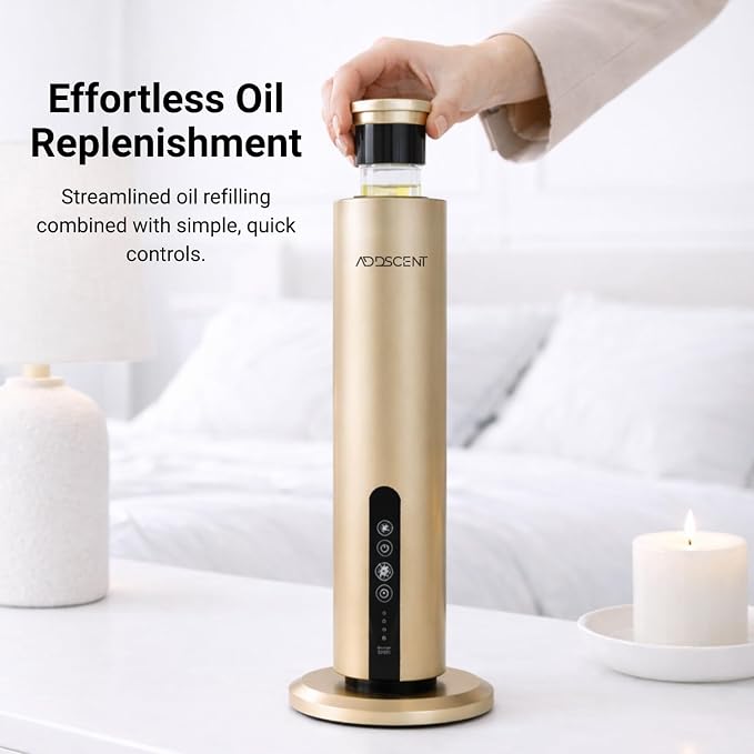Waterless Fragrance Oil Diffuser Gold, 120ml Smart Timer, Bluetooth & Manual Control, Whisper Quiet Rechargeable Aroma Machine for Home Office Spa Hotel - 1500sqft - Fragrance Not Included