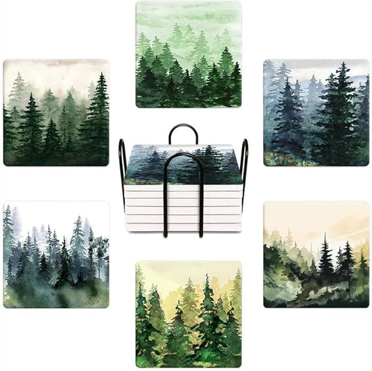 Drink Coasters for Drinks Set of 6, Watercolor Landscape Pine Forest Absorbent Square Ceramic Stone Mat Coaster, with Cork Base and Metal Holder, Home Bar Decor House Warming Gift