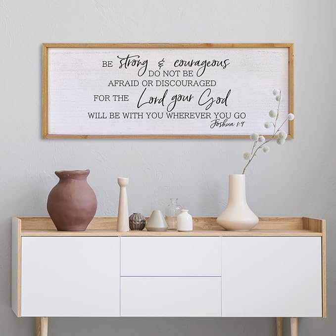 Be Strong And Courageous Sign Wall Decor 40"x15" Large Farmhouse Living Room Plaque Joshua 1:9 Bible Verse Inspirational Quote Positive Faith Home Hanging Rustic Catholic Scripture Christian Art (Wood)