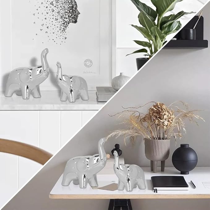 A Pair Elephant Statue Home Decor,Modern Style Figurines,Sculpture for Office Desktop Bookshelf Living Room (Silver)