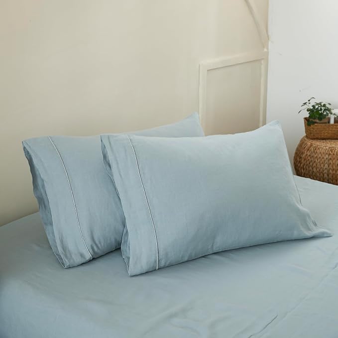 Simple&Opulence 100% French Linen Pillowcase Queen Size-Set of 2- Washed Solid Color Pillow Cases Embroidered -Soft and Durable (Dusty Blue, 20''x30'')