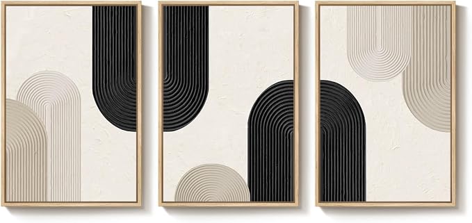 mxart Large Framed Boho Neutral Abstract Wall Art for Living Room, 3 Piece Black and Beige Canvas Prints Artwork for Walls, Modern Minimalist Boho Geometric Wall Art Decor for Hallway Dining Room, 24x36 In