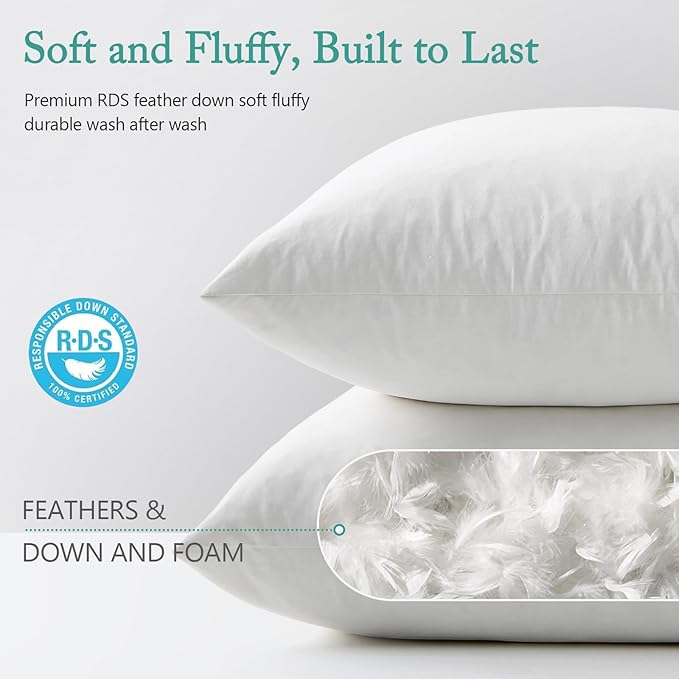 BPC Luxury Feather Down 22x22 Pillow Inserts Set of 2, Soft Fluffy Throw Pillow Inserts, 100% Organic Cotton Cover, Square Pillows for Couch, Living Room, Bed, Sofa