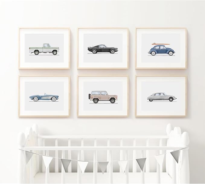 Blue Car Wall Art Decor Boys Room Wall Art Vintage Cars Canvas Poster Pictures Toddler Kids Room Prints Watercolor Vehicle Artwork Painting for Boys Bedroom Nursery 12x16 Inch Unframed Set of 6