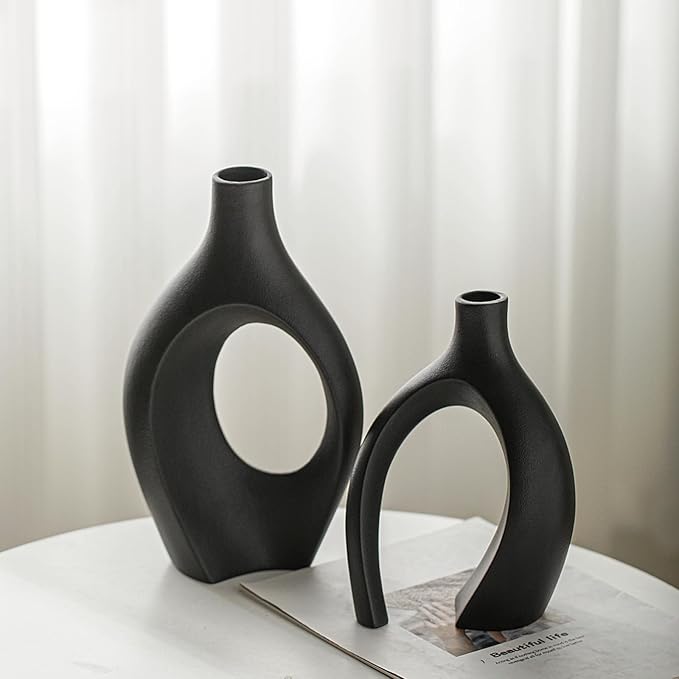 Lvases Snuggle Hollow Modern Ceramic Vase Set of 2, Mid Century Nordic Aesthetic Decorative Vase Decorative Vases for Home Table Decor (Matte Black W 6.8" X H 11")