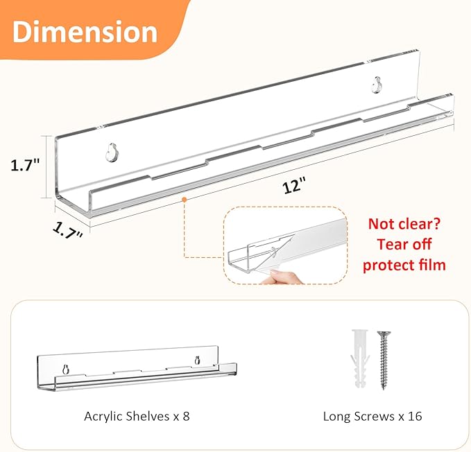 Optish 8 Pack Vinyl Wall Mount Shelf, 12" Vinyl Record Holder, Clear Record Shelf Display and Storage, Acrylic Shelves for Wall, Nursery, Living Room, Bedroom