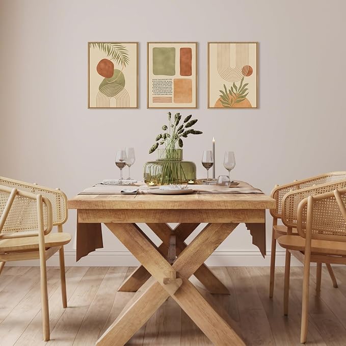 Boho Sage Green Framed Canvas Wall Art,Abstract Geometric Beige Wall Decor,Mid Century Modern Art Prints,Neutral Botanical Leaf Artwork for Living Room,Bedroom,Office -12"x16"x3
