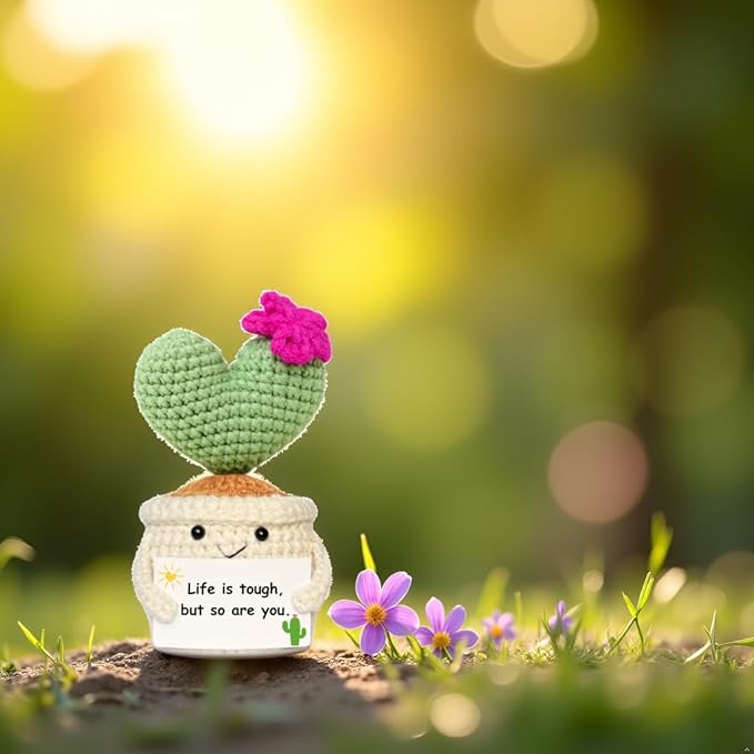 Get Well Gifts for Women, Handmade Crochet Cactus – Plush Plant Gift with Encouragement Card for Desk Decor, Home or Office Decoration