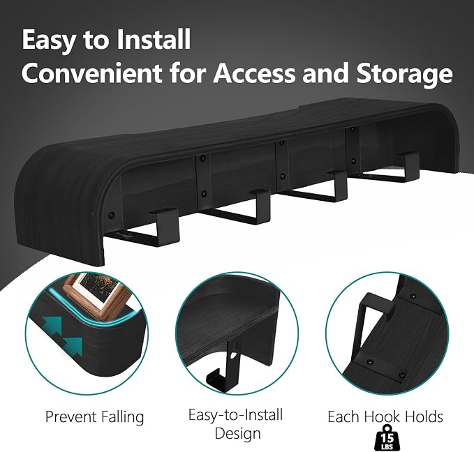 Coat Rack Wall Mount with Shelf 4 Hidden Hooks Modern Wooden Key Holder Entryway Organizer for Hallway Bedroom Bathroom Home Decor Storage for Hanging Coats Hats Bags Towels, Black