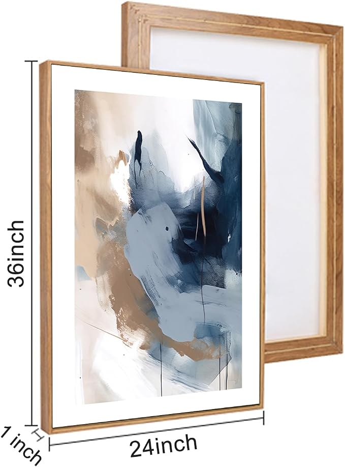 LHIUEM Large Abstract Navy Blue Framed Canvas Wall Art,Neutral Brush Stroke Wall Decor,Modern Pastel Brown Wall Painting,Minimalist Shapes Artwork for Living Room,Bedroom,Office- 24"x36"x3