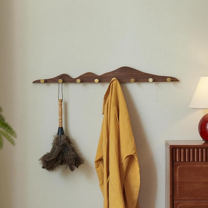 Elegant Wall Coat Rack with Hooks Walnut Wood Solid Coat Hanger Wall Mount with 8 Brass Hooks, Moisture-Resistant Wax Oil Finish for Home (Walnut, 8 Hooks)
