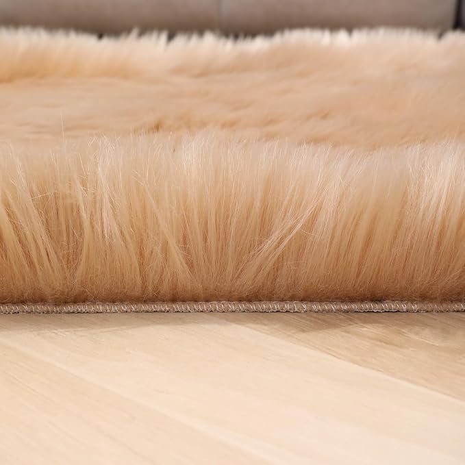 Faux Fur Rug Fluffy Sheepskin Area Rug,Ultra Soft Shaggy Plush Rug Bedroom Living Room Sofa Floor Kids Room Bedside（3 x 3 ft Round Brown）