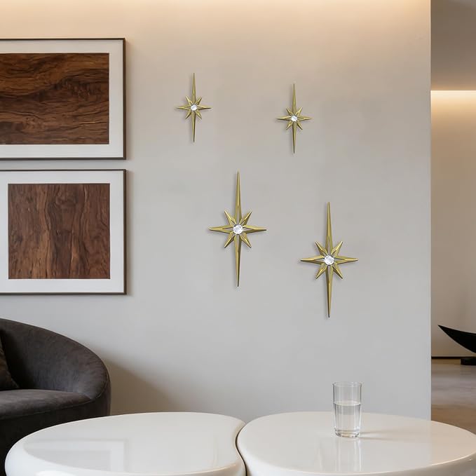 sxnzequnze 4 Pack Metal Star Wall Art 8 Pointed Starburst Wall Decor Set with 2 Large & 2 Small Pieces Mid Century Celestial Metal Wall Sculpture for Bedroom Living Room Office Gallery Wall
