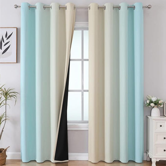 Estelar Textiler Ombre Aqua and Beige Blackout Curtains 96 Inches Long for Sliding Door, Gradient Thermal Insulated Full Light Blocking Grommet Blackout Drapes for Bedroom, 52Wx96L, 2 Panels