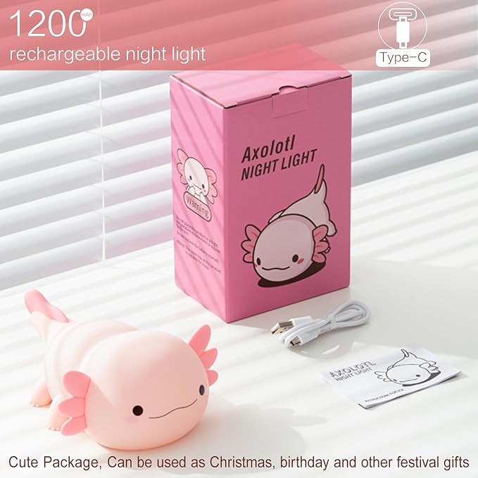 YR YRHH-PET Axolotl Cute Night Light, Kids Squishy Rechargeable Axolotl Lamp, Mom Mothers Day Gifts, Girl Bedside Animal Nightlight, Dimmable Silicone LED Toy Pink Light, Baby Nursery Kawaii Décor