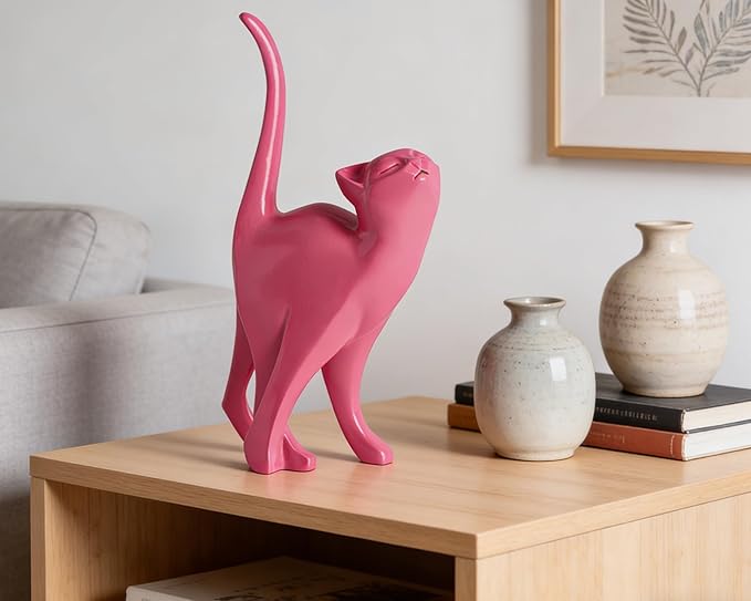 Hot Pink Cat Statue Modern Abstract, Home Office Shelf Decor, 7-Inch Vibrant Assorted Colors, Easy to Match Any Decor Style