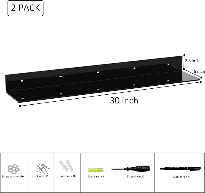 Sezanrpt 30 Inches Acrylic Long Wall Shelf Set of 2, Black Wall Mounted Acrylic Bathroom Storage Shelves Display Organizer, 2 Pack(30 Inch)