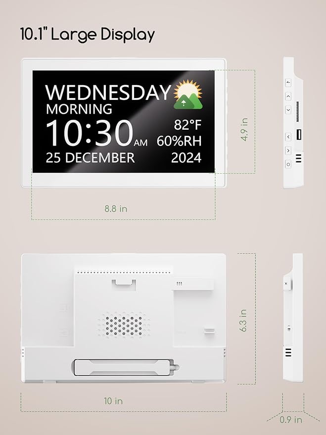 Raynic Digital Clock,10.1 Inch Large Display Calendar Clock with 12 Themes, 20 Alarms, 20 Reminders, Auto Dimming, 12/24 Hours for Seniors, Desk (White)